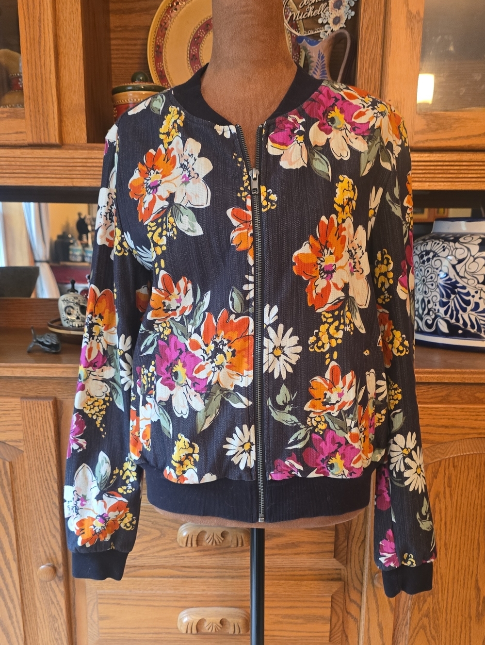 Agnes & Dora Black Floral Zip-Front Bomber Jacket